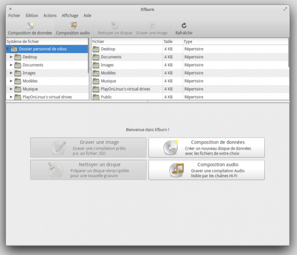 Interface de Xfburn, l'intégration avec elementary OS n'est pas parfaite à 100%