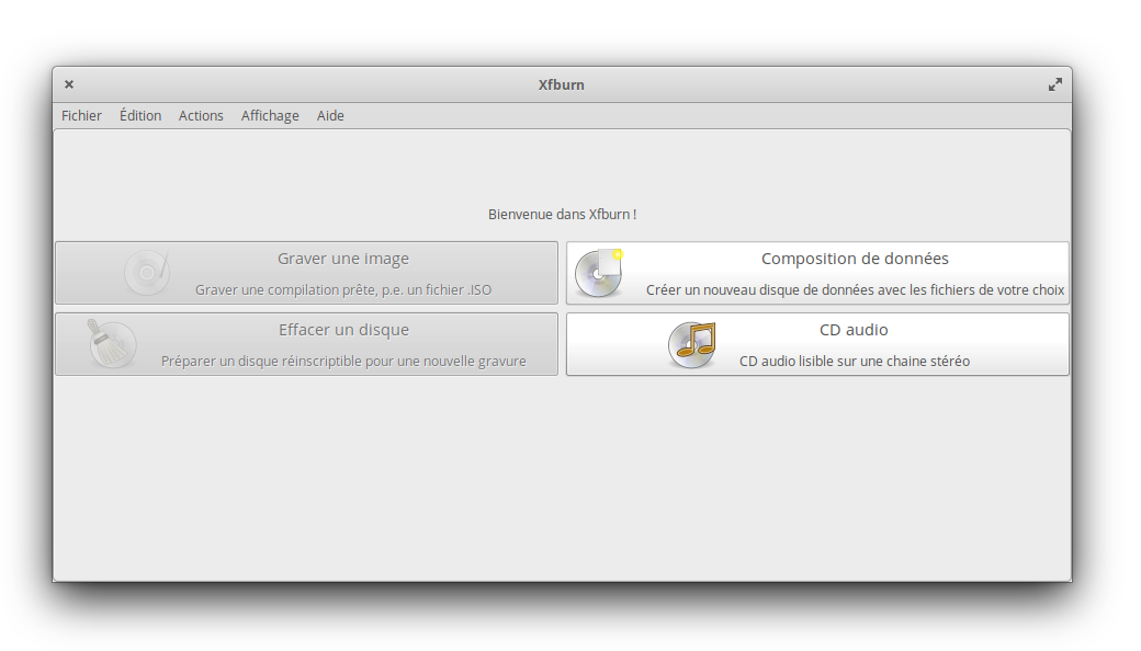 Interface de Xfburn, l'intégration avec elementary OS n'est pas parfaite à 100%